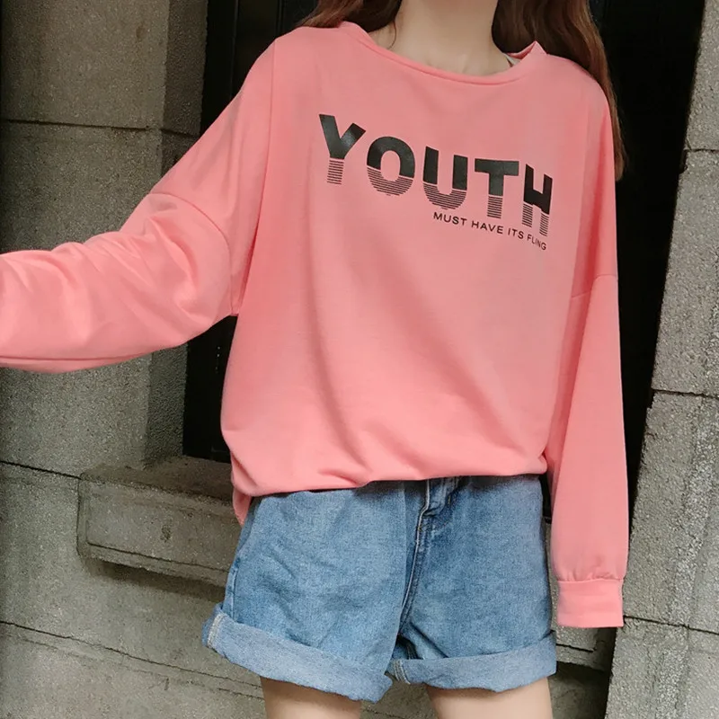 

Fashion Print YOUTH Pattern Round Neck Long Sleeve Pink Long Tshirts Casual Ladies T shirts Tops for Women C324