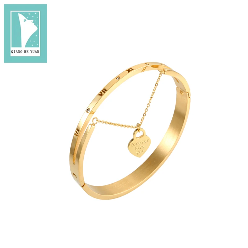 

2018 Trendy Roman letter CZ charm cuff bracelet for women fashion bangle bracelet with heart shape pendant female Brand Jewelry