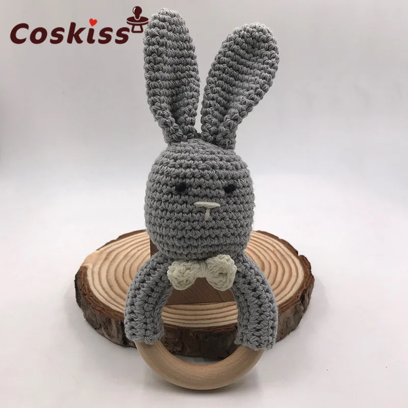 Baby Knit Rabbit Safety Wooden Natural Teething Ring Teether Bunny Sensory Toy