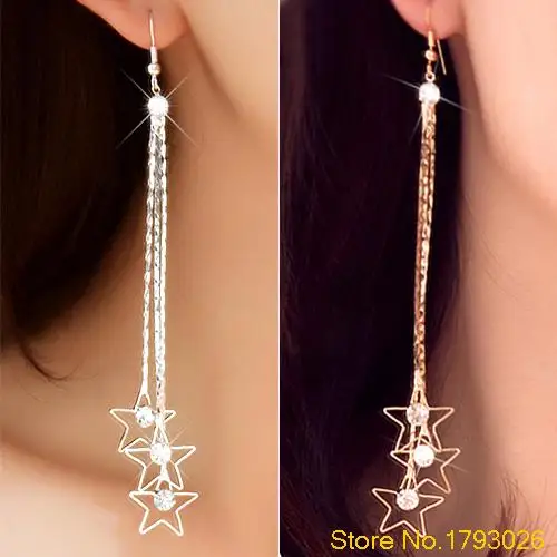 

Women's Rhinestone 3 Layers Chain Long Tassels Dangle Pentacle Linear Earrings 4TXQ