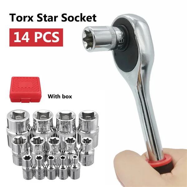 

14pcs 1/4 3/8 1/2 Inch Durable Chrome Vanadium Driver Socket E Torx Star Bit Socket Sets Hand Tool Set with Box