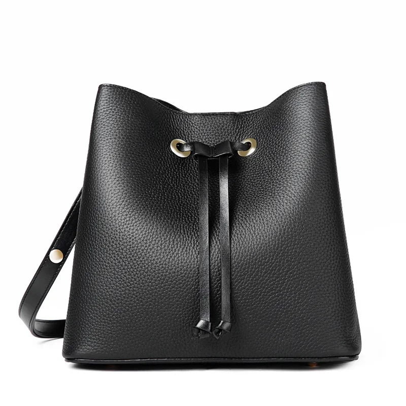 Simple lychee pattern First layer cowhide women's bucket bag draw belt buckle open and close crossbody bags for women bag