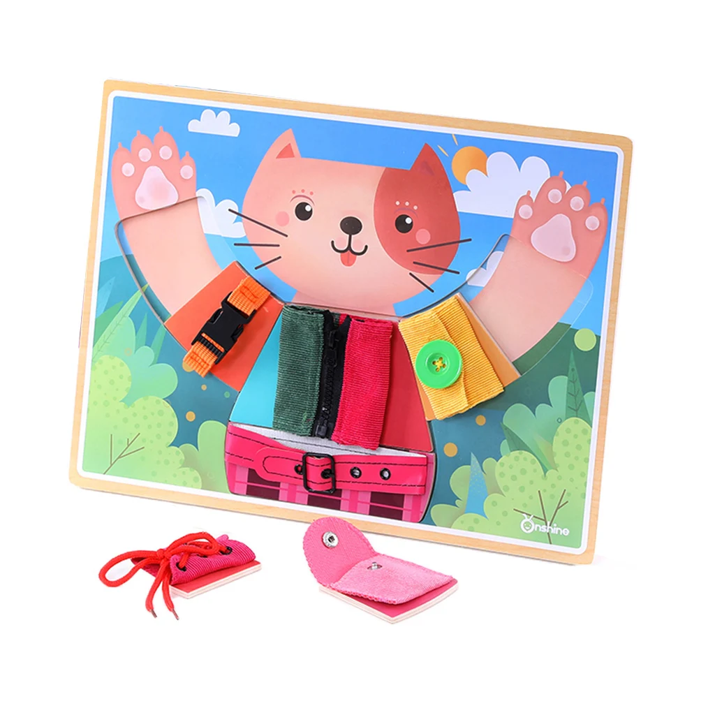 Early Basic Life Skills Toys Montessori Learn to Dress Cat Boards Puzzle  Zip Snap Button Lace Tie Educational Baby Toddlers Toy