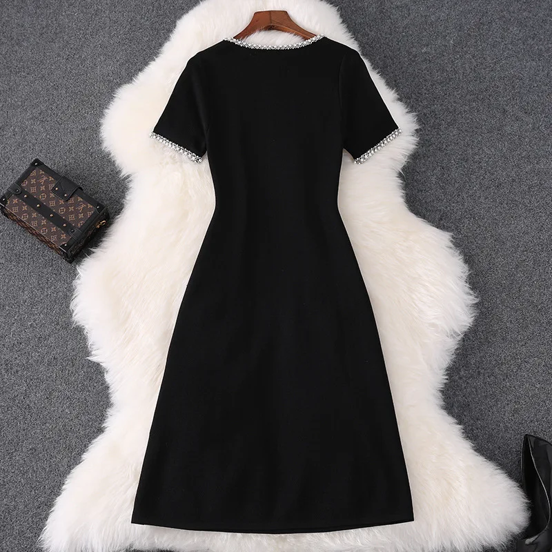 Женское дизайнерское модное осеннее платье с коротким рукавом, жемчугом и бусинами, однотонное черное трикотажное платье-свитер с алиновым узором, повседневные платья для женщин