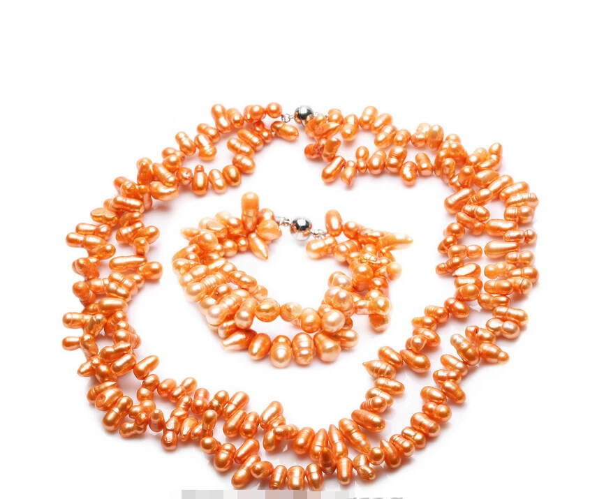 

Hot sell Noble- free shipping 07772 Set Orange Color Cultured Freshwater Pearl Necklace & Bracelet Fashion Jewelry (A0423)