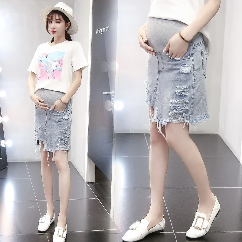 Корейский Мыть край джинсы для беременных юбка летние рваные с дырками джинсовые юбки с эластичной резинкой на талии Беременность Одежда