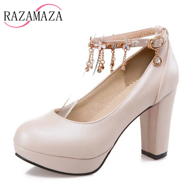 RAZAMAZA 4 Colors Size 33-47 Sexy Women Platform High Heel Shoes Beading Ankle Strap Thick Heels Pumps Party Club Footwear | Обувь