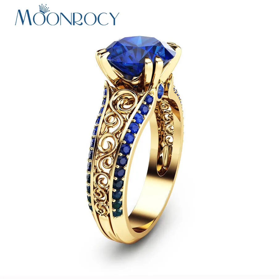 

MOONROCY CZ Vintage Red Blue Crystal Ring Silver / Gold Color Wedding Rings Hollow Jewelry for Women Gift Drop Shipping Big Size