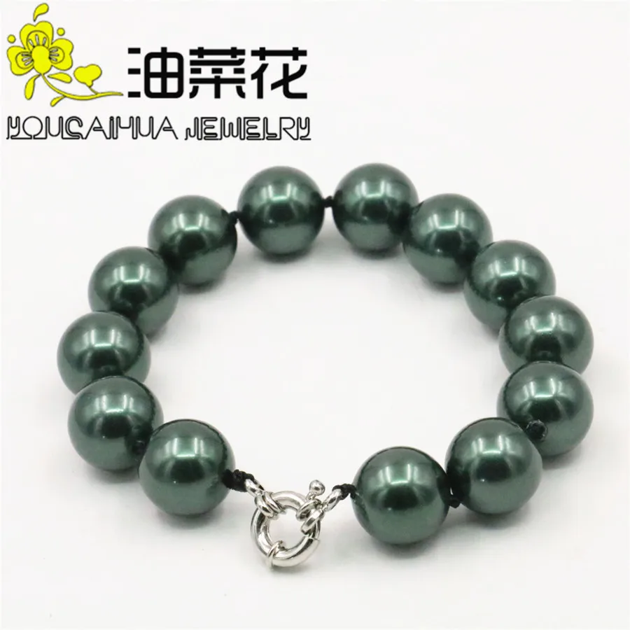 

2018 Fashion Charming BIG! 14mm Army Green Sea Shell Pearl Bracelet Beads Jewelry Making Female Bracelet 7.5inch (Min Order1)