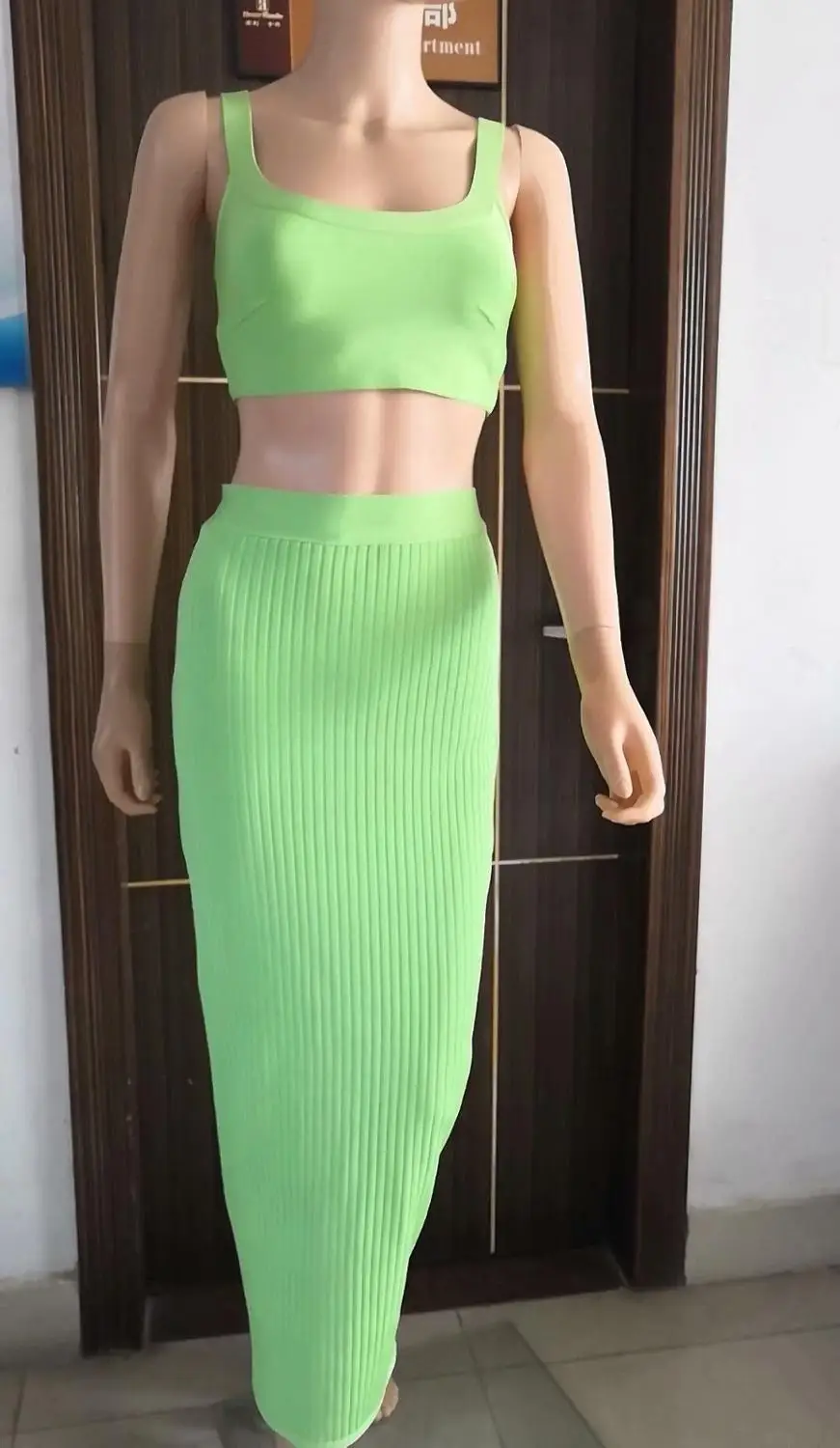 

2019 new high quality summer women neon green rib top and maxi bandage two piece sets