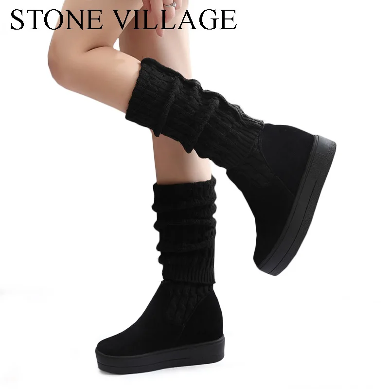Prix 2018 Automne Et D hiver Chaussures Femme Tricot Extensible Tissu Cuisse Haute Bottes Hauteur Croissante Sur Le Genou Bottes Femmes