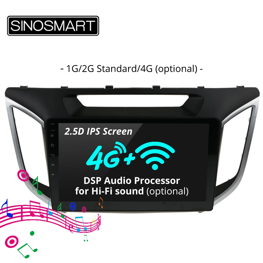 

SINOSMART 2.5D IPS Screen 1G/2G Car GPS Navigation Player for Hyundai IX25 Creta 2014 2015 32EQ DSP, 4G SIM Card Slot Optional