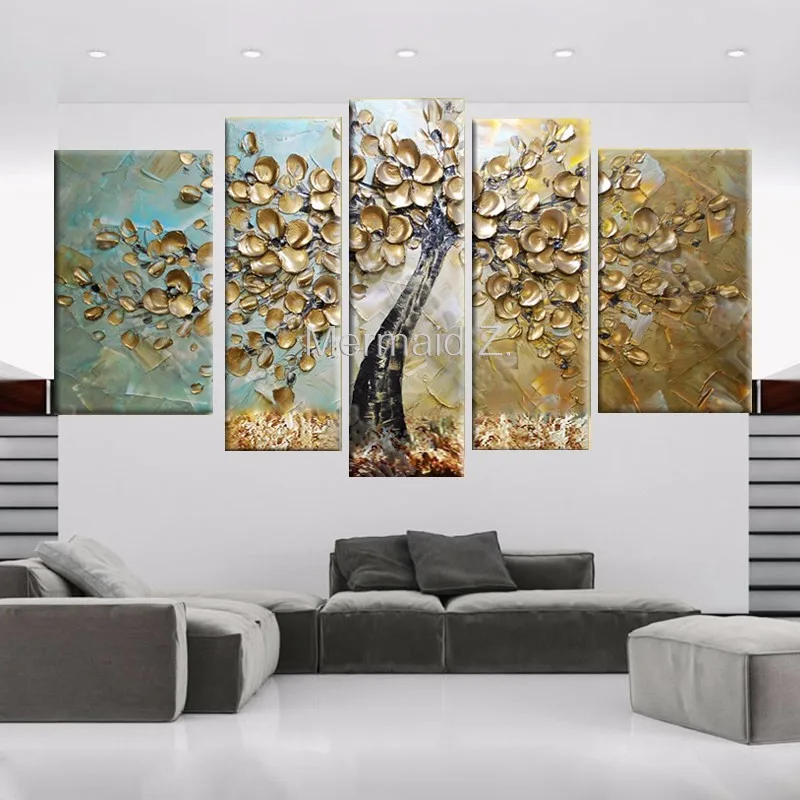 

gold tree Palette knife oil painting modern abstract canvas painting 5 piece wall paintings for living room decoration painting