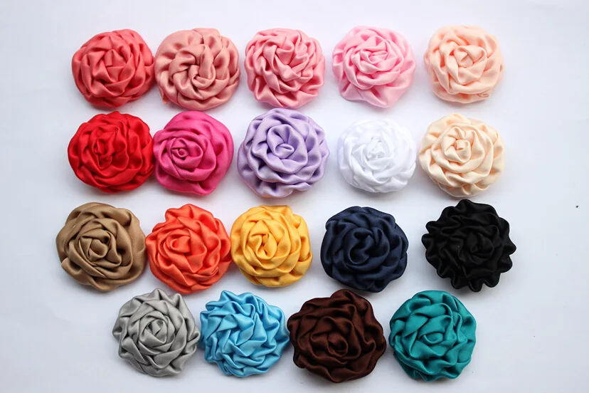 

Rolled Rosettes Flowers Handmade Rolled Soft Satin Rose Flowers Artifcial Solid DIY Fabric Flowers For Kids 3.5