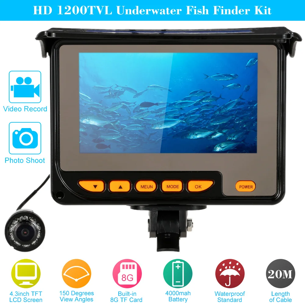 KKmoon 4.3" TFT LCD Fishing Camera Kit Fish Finder HD 1200TVL Night Vision Underwater Video Camera System With 8G TF Card