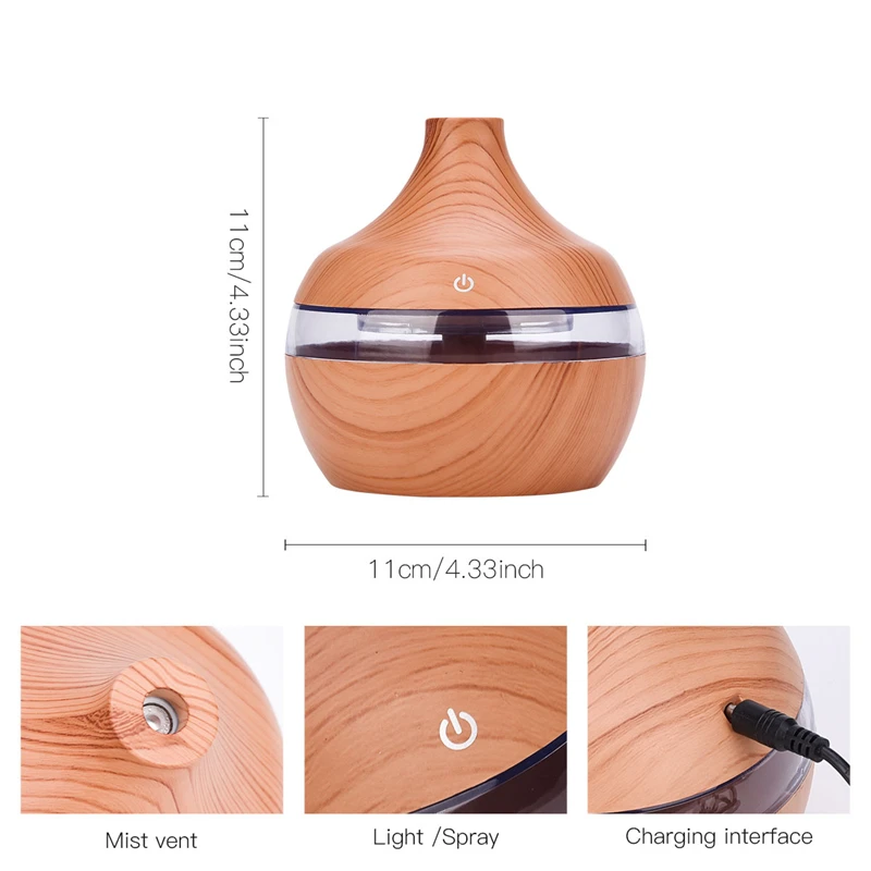 300ml USB Air Humidifier Wood Grain Mini Aroma Diffuser Ultrasonic Essential Oil Diffuser Cool Mist Maker with 7 Night Light 0