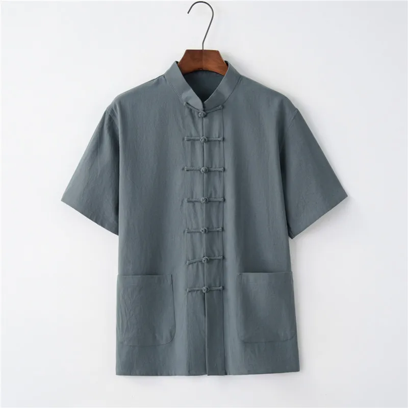 Summer Cotton Linen Kung Fu Shirt Blouse Mens Short Sleeve  Traditional Chinese Tang Suit Top Male Tai Chi Uniform 6