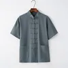 Summer Cotton Linen Kung Fu Shirt Blouse Mens Short Sleeve  Traditional Chinese Tang Suit Top Male Tai Chi Uniform 6