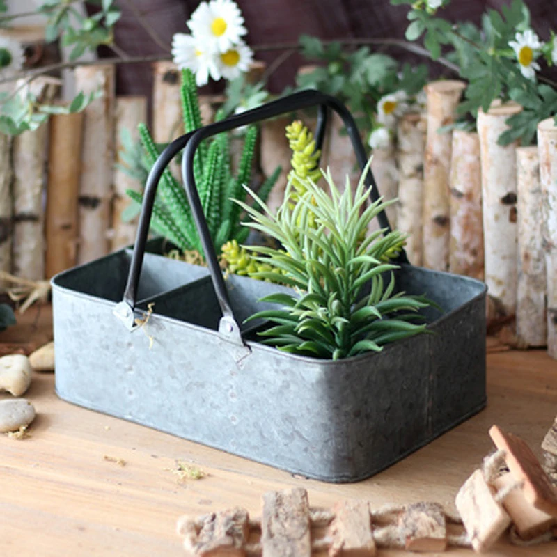 

multiple usage 6 equal space rectangle small antique vintage handcrafted zinc planter box, zinc caddy