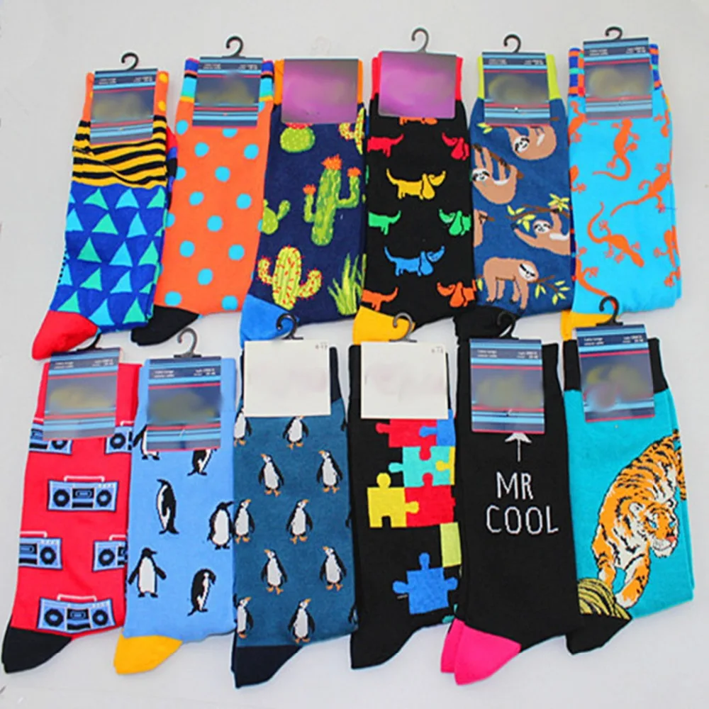 

cartoon Pac-Man man knee-high sock animal sloth penguin gecko cactus dog panda geometric pattern happy spring color weed socks