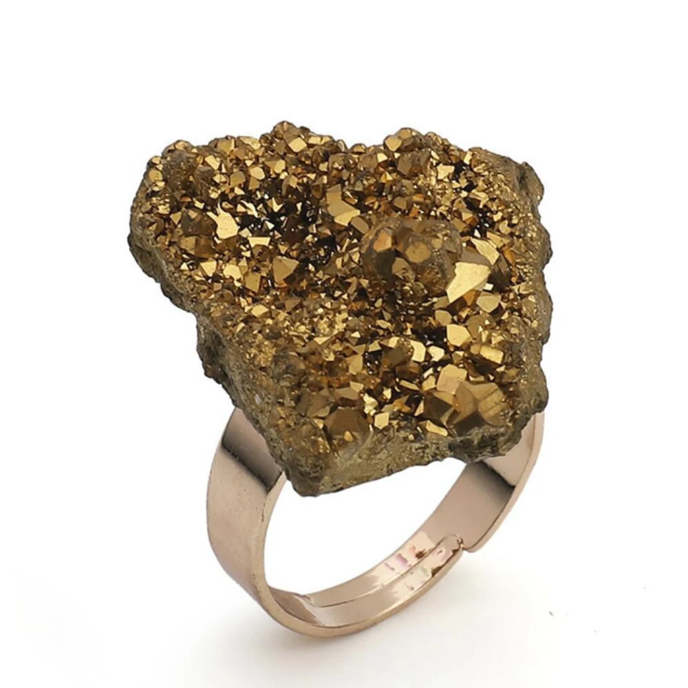 

A-gate geode Ring Irregular Natural Stone Crystal Druse Jewellery for Women No Finger Size Limited Gold Color Jewelry