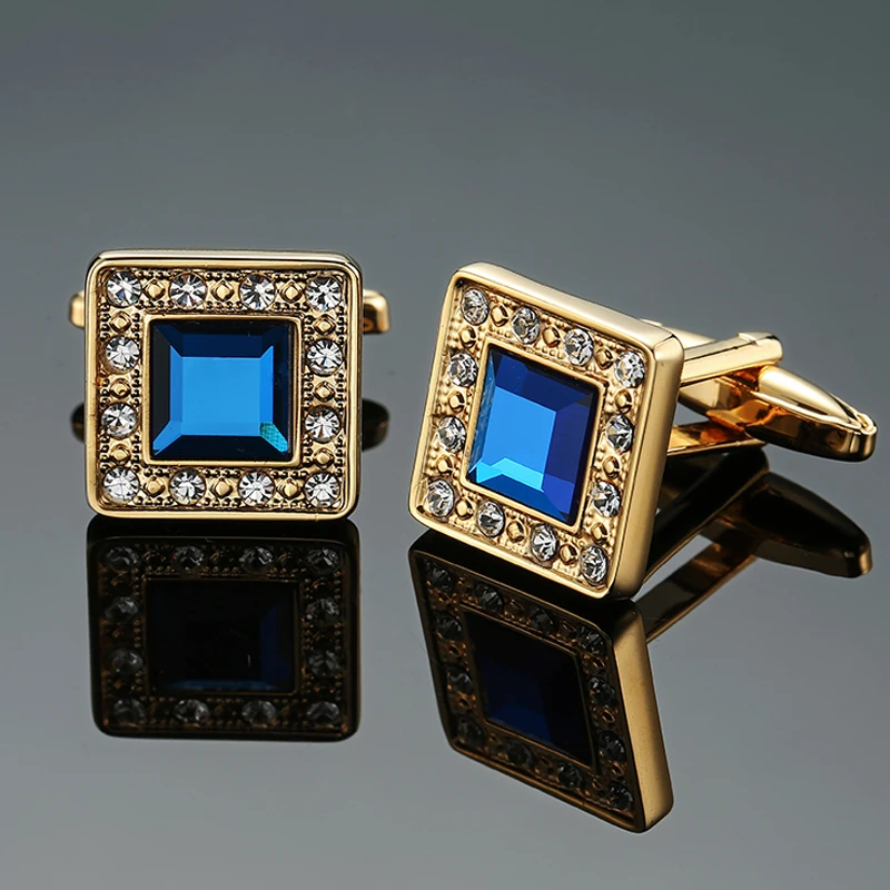 

DY Brand new high-end luxury design Golden Square Blue Crystal Cufflinks Men's French shirt Cufflinks free shipping