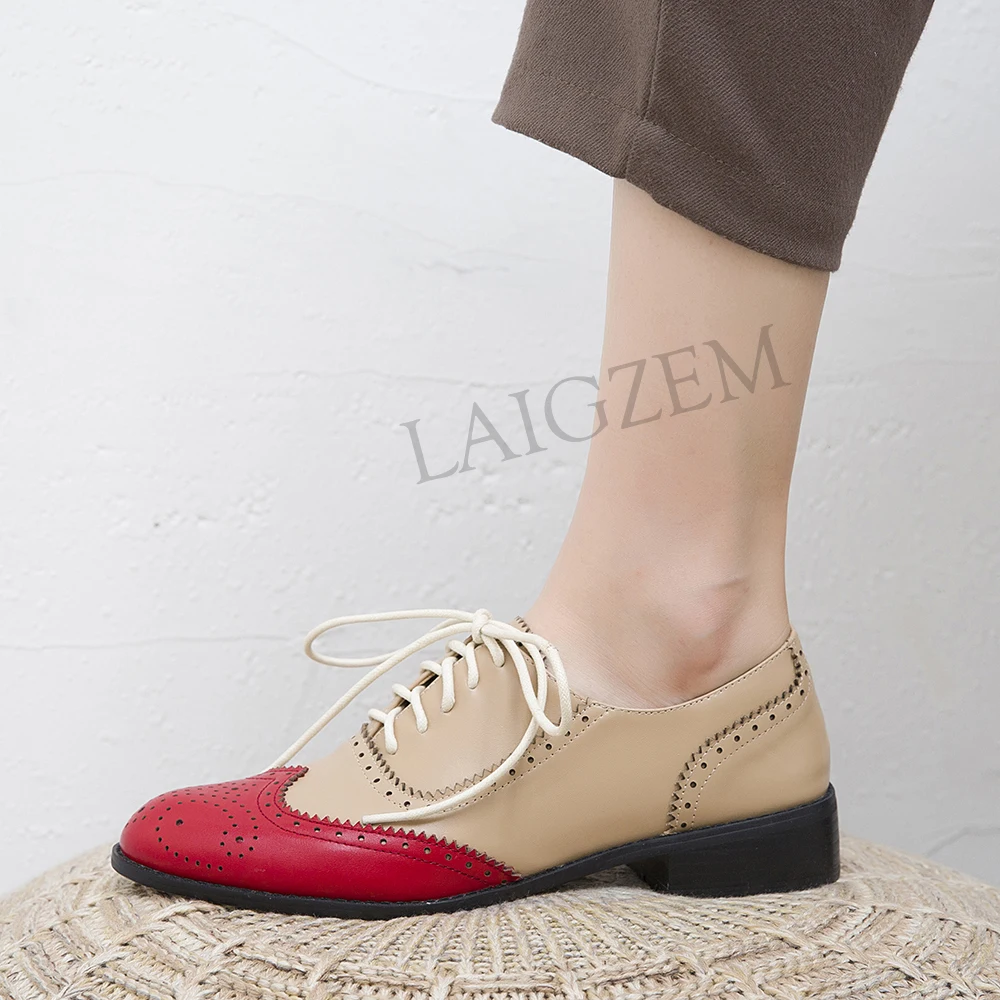 

LAIGZEM FASHION Leather Women Brogue Shoes Handcrafted Lace Up Low Heels Loafers 2020 Causal Shoes Woman Small Big Size 33-43