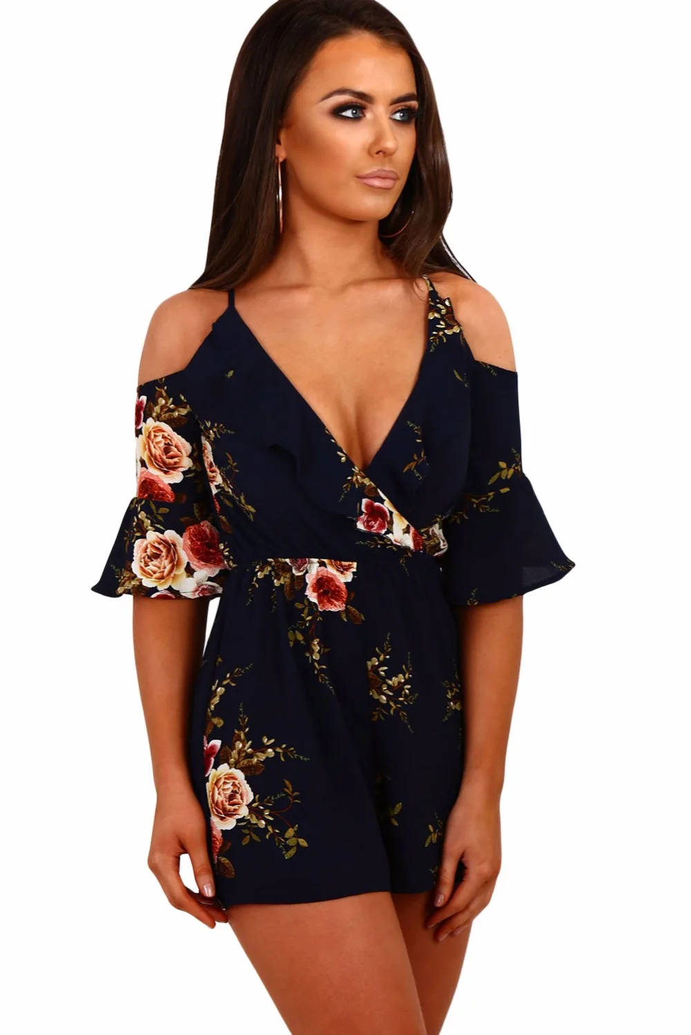 Navy-Multi-Floral-Ruffle-Wrap-Cold-Shoulder-Playsuit-LC64278-5-2