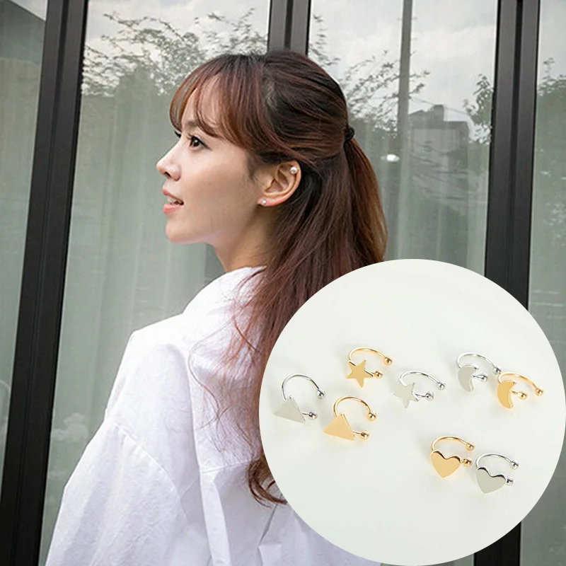 

Stylish 1pc Heart Earrings Clips Gold Silver Color Moon Star Earrings Non Piercing Ear Cuff Stainless Steel Jewelry