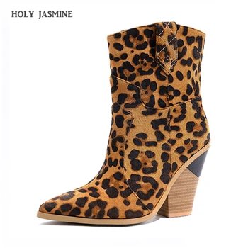 

2019 New Women'S High Heels Ankle Boots Winter Autumn Fashion Leopard Western Cowboy Boots Brand Designer Shoes Women Size 34-43