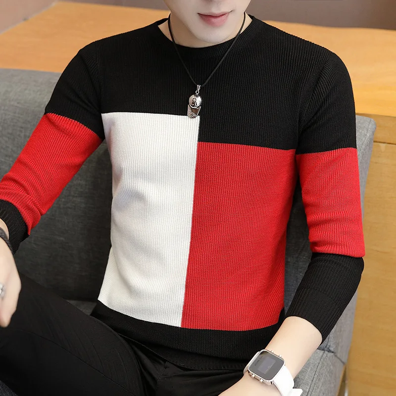 LEFT ROM 2019 Autumn Casual Men's Sweater O-Neck Slim Fit Knittwear Mens Color matching Sweaters Pu