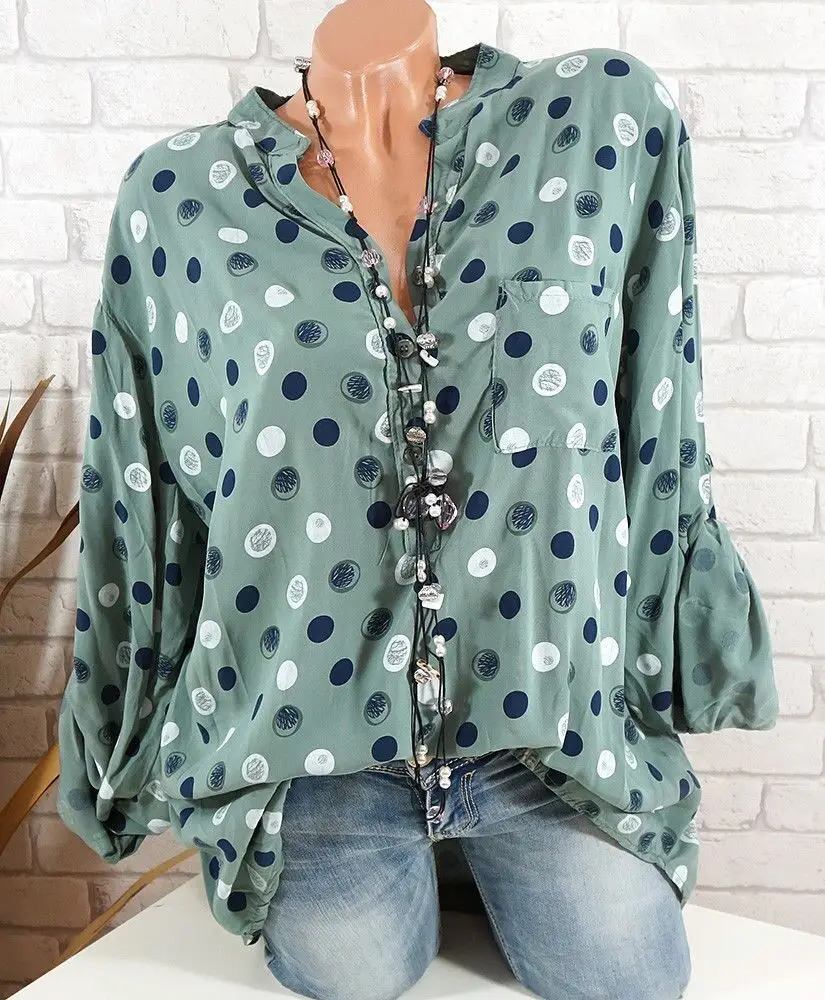 

Women Casual Shirts Turn Down Collar Long Sleeve Spring Summer Loose Tops Polka Dot Print Blouses Pockets Clothing Plus Size 5XL