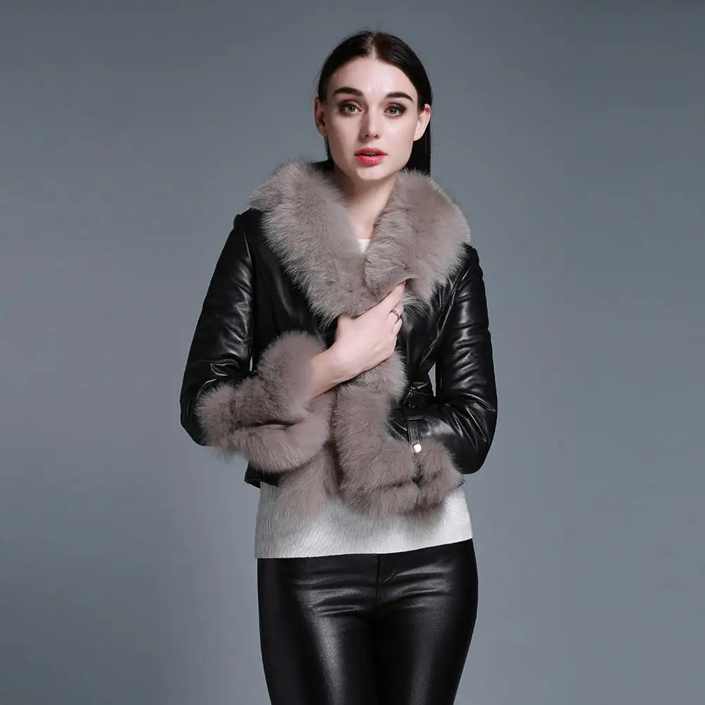Натуральном овечьем кожаная куртка куртки меховой воротник лиса и отделка пальто женские одежды 4 вида цветов 010213 - Цвет: Silver Fox Blalck