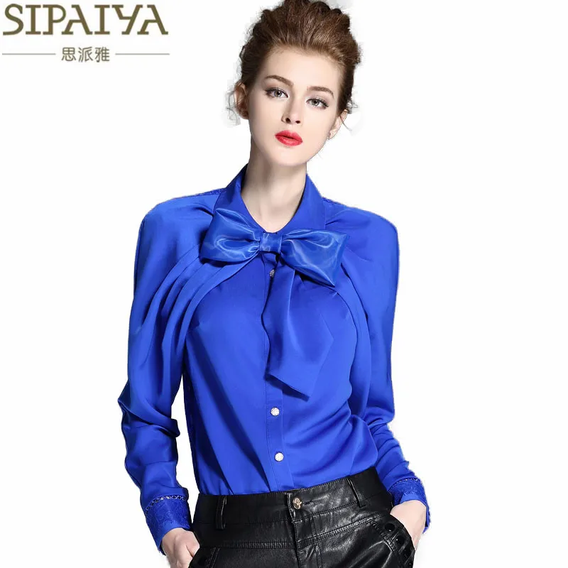 SIPAIYA Luxury Silk Blouse Womens Bow Collar Silk Blouses
