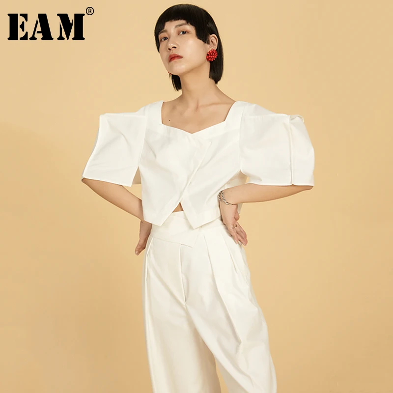 

[EAM] 2019 New Spring Summer V-collar Half Sleeve White Three-dimensional Personality Loose Shirt Women Blouse Fashion JU823