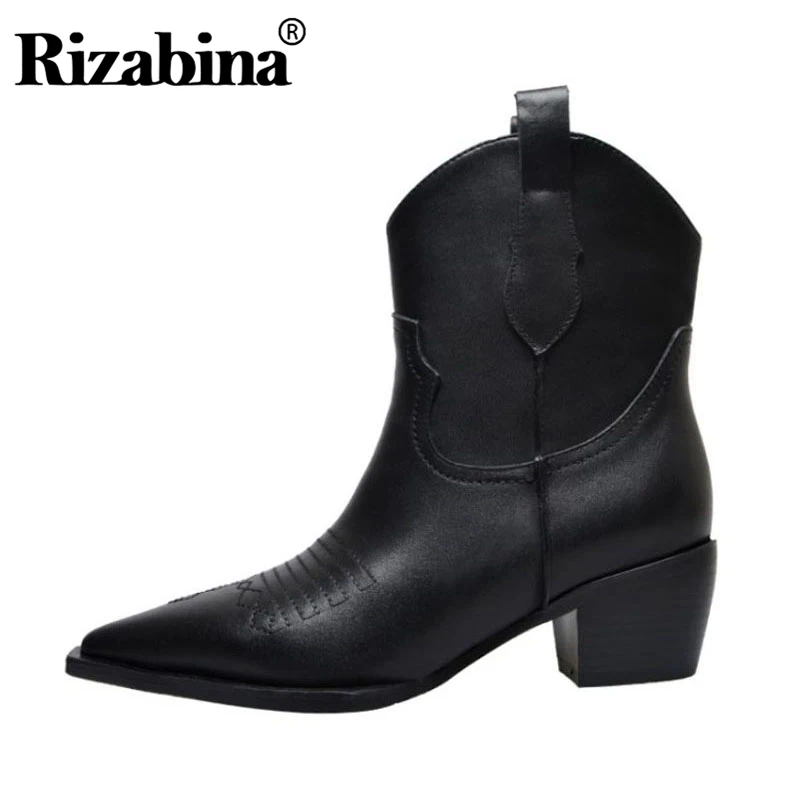 RIZABINA/женские ботильоны из натуральной кожи Зимняя обувь с острым носком женские офисные Ботинки на высоком каблуке модная обувь размер 34-40