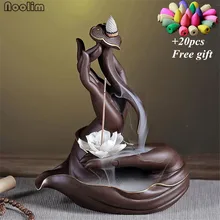 Будда руки лотоса дзен обратного потока благовония горелки Творческий водопад курильница дзен буддийский Фиолетовый Глиняный держатель благовоний+ 20 шт Бесплатные конусы