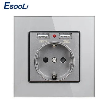 

Esooli Crystal Glass Panel Dual USB Charging Port 2.1A 16A Russia Spain Wall Socket EU Power Outlet White/Black/Gold/Grey