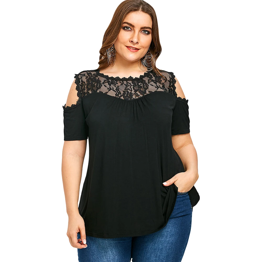 Gamiss Plus Size 5XL Short Sleeve Lace Panel T Shirt Women Summer ...