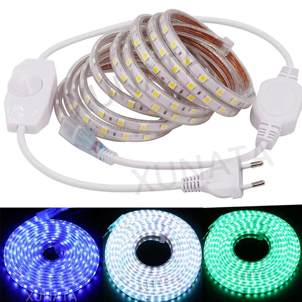 #cheap SMD 5050 AC220V LED Strip Flexible Light 60leds m Waterproof Led Tape With Dimmer EU Power Plug 1M 5M 30M under cabinet light