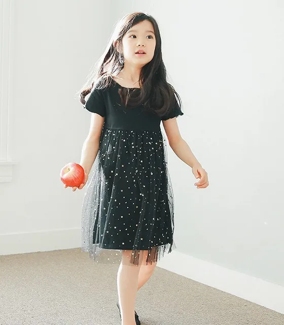 2017 New Girls Dress Black Color Wave Neck and Sleeve Opening Mesh Kids