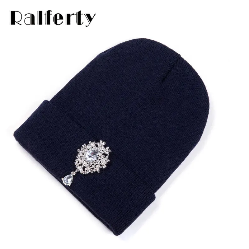 Ralferty, новинка, зимние шапки для женщин, теплые вязаные роскошные цветочные шапки-бини с кристаллами, женские шапки Skullies, шапки Gorras Gorros