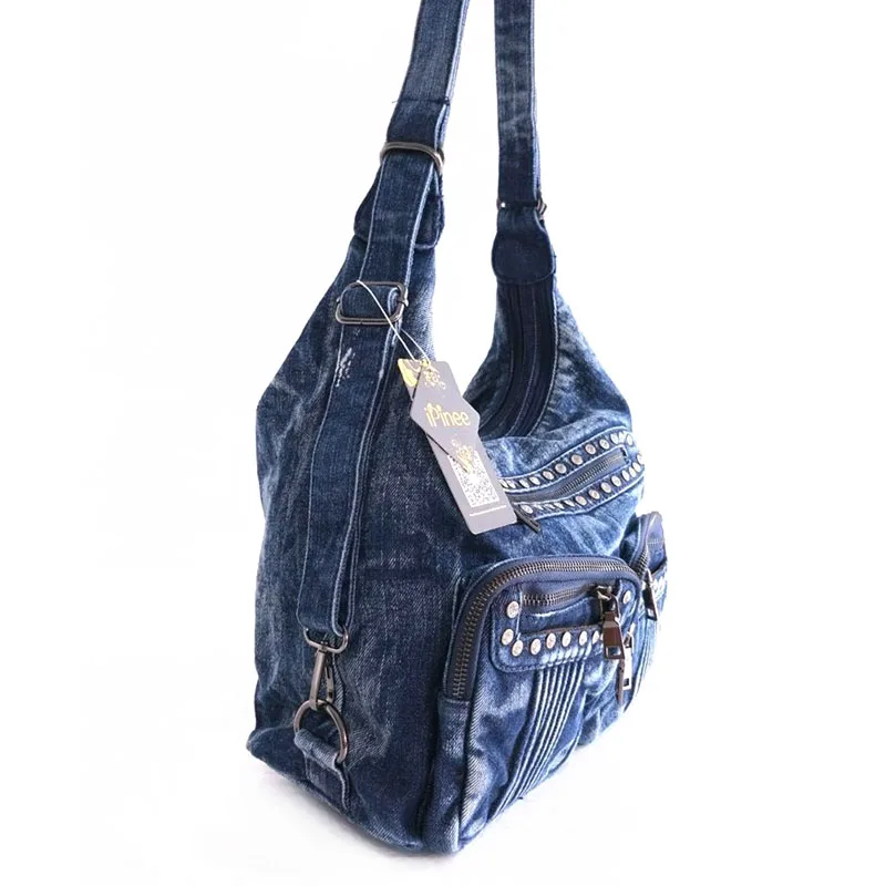 IPinee модная из джинсовой ткани, Джинсовка, сумки для женщин, несколько карманов, сумки через плечо, женские сумки со стразами