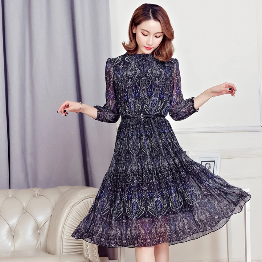 Casual Summer Women Dresses 3/4 Sleeves O Neck Pleated Female Vstidos