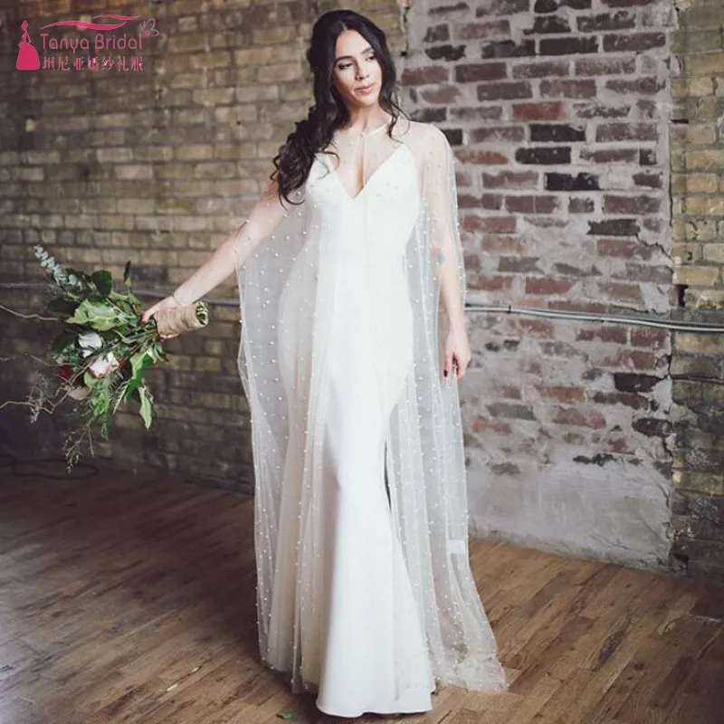 

2019 New Pearls Bridal Dress Wraps Tulle Cape Wedding Wraps White/Lvory Wedding Jacket Cloak JQ526