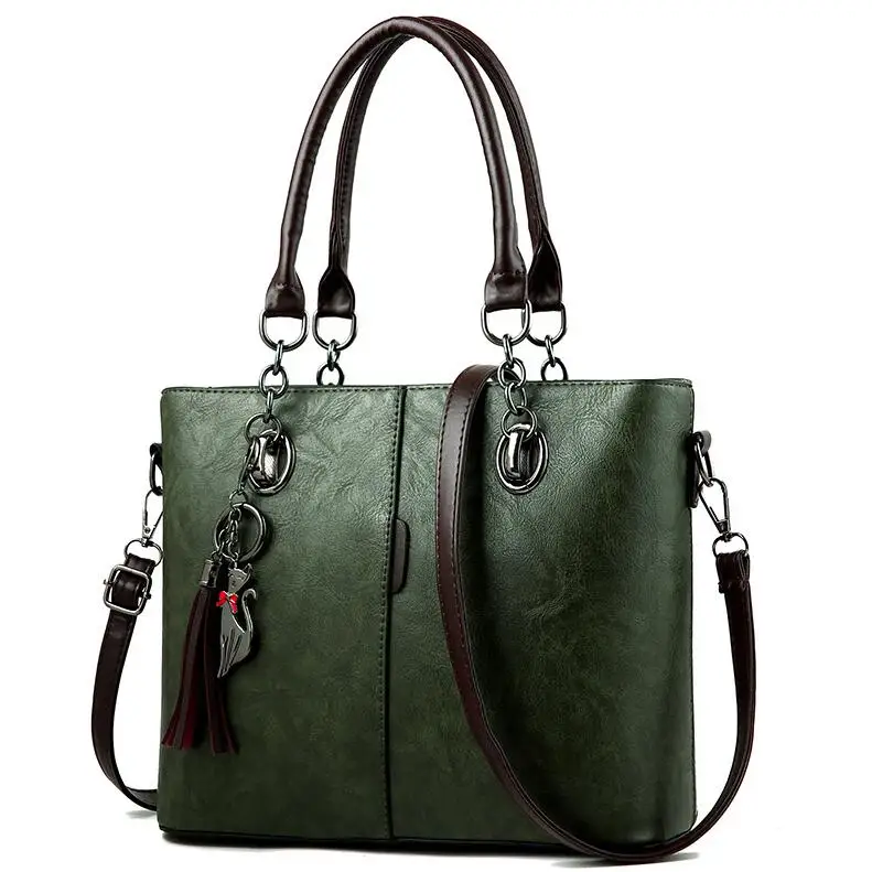 Yogodlns, зимние женские кожаные сумки хитового цвета, повседневные сумки-тоут, сумка через плечо, Сумка с верхней ручкой, с кисточкой и подвеской в виде кошки - Цвет: Army green