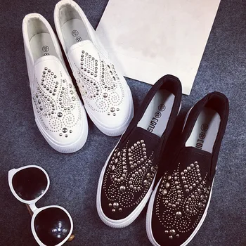 

New Rivet Platform Canvas Shoes Korean Students Flat With Women Casual Shoes Lazy Shoes