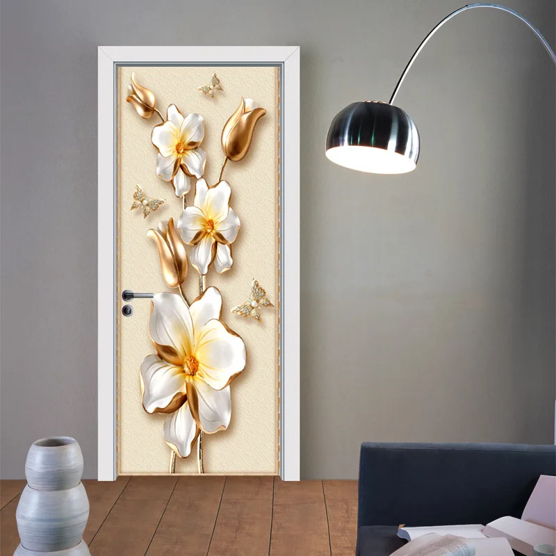 Золотая ваза цветочное украшение для дома 3D стикер двери DIY домашний Декор винил с художественной росписью наклейки для обоев