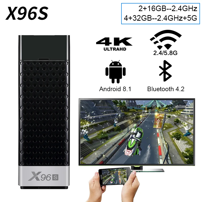 X96S TV Stick Smart movies & Android 8.1 Quad Core Amlogic S905Y2 Wifi 4G RAM 32GB ROM Bluetooth 4.2 4K HD Smart PK TV Box