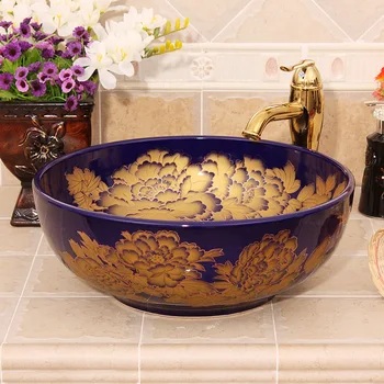 

New Handmade Europe Vintage Style Lavobo Ceramic Bathroom Countertop Bathroom Sink hand washing sink blue with gold pattern